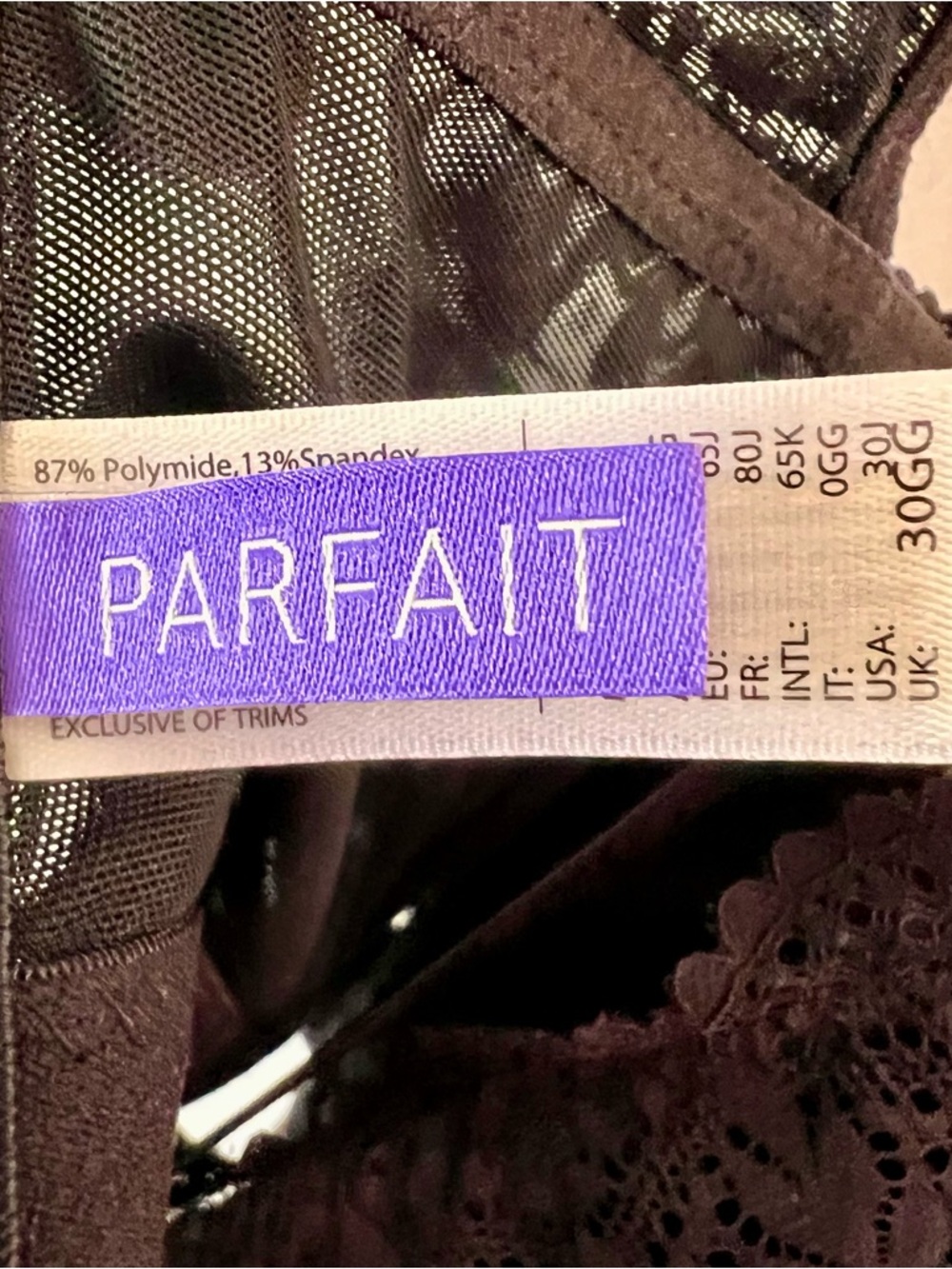 PARFAIT Mia Lace Full Busted Lightly Padded Wire Free Bra Black 30I NWOT - Picture 6 of 9